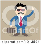 Poster, Art Print Of Businessman Wearing A Blue Suit And Glasses And Pointing Up On Tan