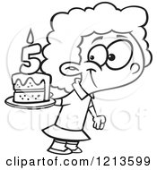 Cartoon Of A Black And White Happy Girl Holding Her Fifth Birthday Cake Royalty Free Vector Clipart