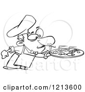 Cartoon Of A Black And White Chef Blowing Out The Candles On A Pizza Pie Royalty Free Vector Clipart