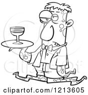 Cartoon Of A Black And White Gross Tentacled Monster Waiter With Wine On A Tray Royalty Free Vector Clipart