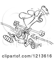 Cartoon Of A Black And White Athletic Marathon Runner Breaking Through A Finish Line With Multiple Medals Royalty Free Vector Clipart