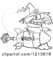 Cartoon Of A Black And White Witch Flying On A Rocket Broomstick Royalty Free Vector Clipart