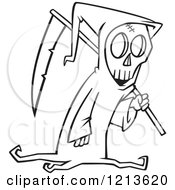 Cartoon Of A Black And White Grim Reaper Carrying A Scythe Over His Shoulder Royalty Free Vector Clipart