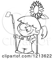 Cartoon Of A Black And White Happy Girl Standing With A Gardening Hoe By A Sunflower Royalty Free Vector Clipart
