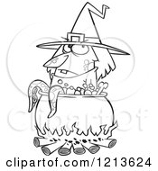 Cartoon Of A Black And White Witch By A Boiling Cauldron With Tentacles Royalty Free Vector Clipart