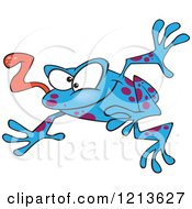 Cartoon Of A Leaping Blue Frog With His Tongue Hanging Out Royalty Free Vector Clipart