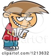Cartoon Of A Grinning Caucasian Boy Playing Go Fish Royalty Free Vector Clipart