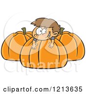Poster, Art Print Of Happy Caucasian Boy Resting On A Large Pumpkin