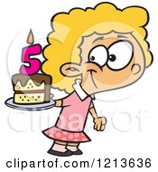 Cartoon Of A Happy Caucasian Girl Holding Her Fifth Birthday Cake Royalty Free Vector Clipart