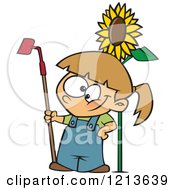 Happy Caucasian Girl Standing With A Gardening Hoe By A Sunflower