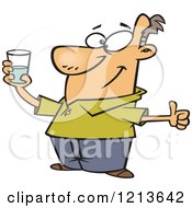 Cartoon Of An Optimistic Man Holding A Glass And Seeing It As Half Full Royalty Free Vector Clipart