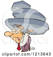 Cartoon Of A Exhausted Businessman Carrying The Burden Of A Heavy Boulder Load Royalty Free Vector Clipart