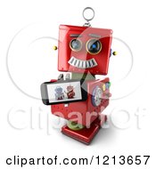 Poster, Art Print Of 3d Red Vintage Robot Holding Up A Smart Phone With A Picture On The Screen