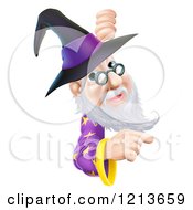 Poster, Art Print Of Happy Gray Bearded Wizard Wearing Glasses And A Witch Style Hat Pointing And Looking Around A Sign