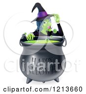 Poster, Art Print Of Witch Touching Her Hat From Behind A Boiling Happy Halloween Cauldron