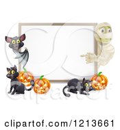 Poster, Art Print Of Halloween Mummy And Bat Pointing To A White Board Sign With Pumpkins And Black Cats