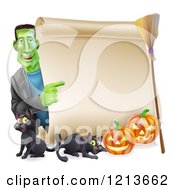 Poster, Art Print Of Happy Frankenstein Pointing To A Scroll Sign With A Broomstick Black Cats And Halloween Pumpkins