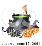 Cartoon Of A Happy Halloween Cauldron With Black Cats A Broomstick And Jackolanterns Royalty Free Vector Clipart