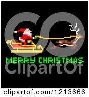 Cartoon Of A Pixelated Santa Flying His Sleigh With Merry Christmas Text On Black Royalty Free Vector Clipart