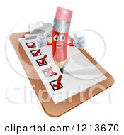 Happy Red Pencil Mascot Holding Two Thumb Up On A Check List Clipboard
