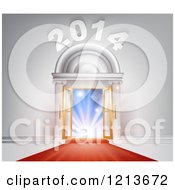 Clipart Of A Red Carpet Leading To An Ornate 2014 Arch Of Open Doors And Bright Lights Royalty Free Vector Illustration