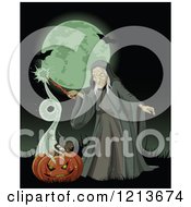 Poster, Art Print Of Witch Conjuring A Magic Spell From A Halloween Pumpkin Against A Full Moon With Bats