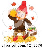Poster, Art Print Of Happy Autumn Gnome Carrying A Pumpkin And Basket Of Produce Through Fallen Leaves