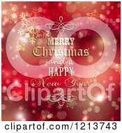 Poster, Art Print Of Merry Christmas And A Happy New Year Greeting With Gold Designs Over Red Bokeh And Snowflakes