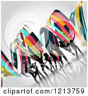 Clipart Of Silhouetted Dancers With Colorful Waves On Gray Royalty Free Vector Illustration