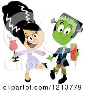Frankenstein And His Bride Holding Drinks And Dancing At A Halloween Party