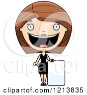 Cartoon Of A Happy Woman In A Black Dress Standing By A Sign Royalty Free Vector Clipart