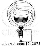 Cartoon Of A Black And White Happy Woman In A Black Dress Standing By A Sign Royalty Free Vector Clipart