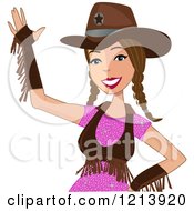 Poster, Art Print Of Friendly Waving Brunette Cowgirl With Braids