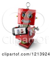 Poster, Art Print Of 3d Red Vintage Robot Holding A Thumb Up And A Smart Phone With A Picture On The Screen