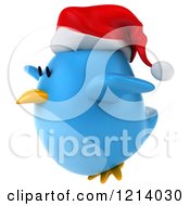 Clipart Of A 3d Chubby Christmas Blue Bird Flying And Wearing A Santa Hat Royalty Free Illustration