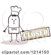 Clipart Of A Stick People Business Man Chef Holding A Closed Sign Royalty Free Vector Illustration