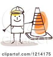 Poster, Art Print Of Stick People Construction Worker Man Holding A Cone