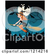 Clipart Of A Pretty Red Head Witch Flying Over A Full Moon And Silhouetted Shrubs Royalty Free Vector Illustration by Pushkin