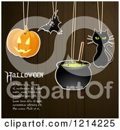 Clipart Of Suspended Halloween Labels Over Dark Wood Panels And Sample Text Royalty Free Vector Illustration by elaineitalia