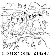 Poster, Art Print Of Outlined Owl Thanksgiving Pilgrim Couple