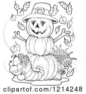 Clipart Of An Outlined Thanksgiving Pumpkin Man With A Cornucopia Royalty Free Vector Illustration
