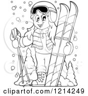 Poster, Art Print Of Outlined Happy Cartoon Girl With Ski Gear