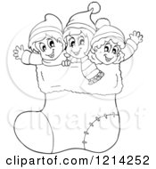 Poster, Art Print Of Outlined Happy Cartoon Children Waving In A Giant Christmas Stocking
