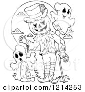 Clipart Of An Outlined Waving Halloween Jackolantern Man With Ghosts Against A Moon In A Cemetery Royalty Free Vector Illustration