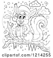 Clipart Of An Outlined Cartoon Christmas Squirrel Holding A Gift On A Branch In The Snow Royalty Free Vector Illustration