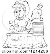 Poster, Art Print Of Outlined Cartoon Happy Housewife Ironing Laundry