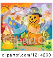 Clipart Of A Thanksgiving Pumpkin Man With A Cornucopia In A Meadow Royalty Free Vector Illustration