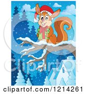 Clipart Of A Cartoon Christmas Squirrel Holding A Present On A Branch In The Snow Royalty Free Vector Illustration