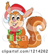 Clipart Of A Cartoon Christmas Squirrel Holding A Present Royalty Free Vector Illustration