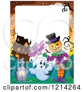Poster, Art Print Of Border Of A Waving Halloween Jackolantern Man With Ghosts And A Bat In A Haunted House Cemetery